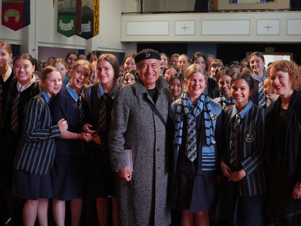 Author Witi Ihimaera with students at Queen Margaret’s College for Writers in Schools.