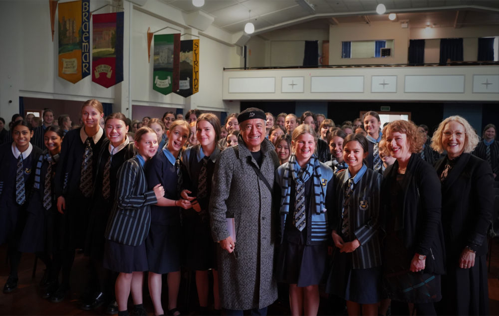 Author Witi Ihimaera with students at Queen Margaret’s College for Writers in Schools.
